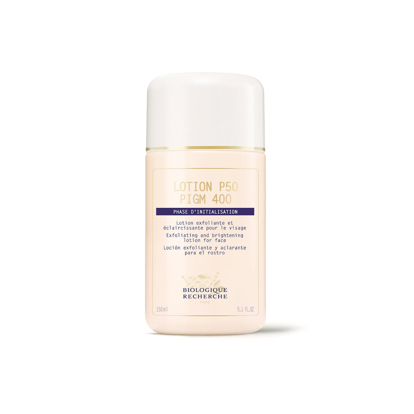 A white bottle of Biologique Recherche Lotion P50 PIGM 400 with product information printed on it.