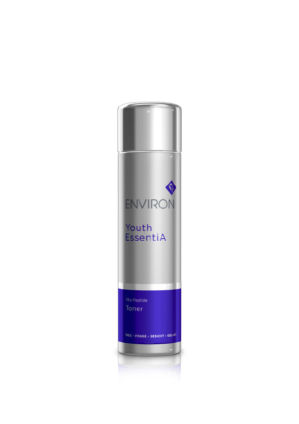 A bottle of Environ Vita-Peptide Toner, part of the Youth EssentiA skin care range, with a white and purple label.