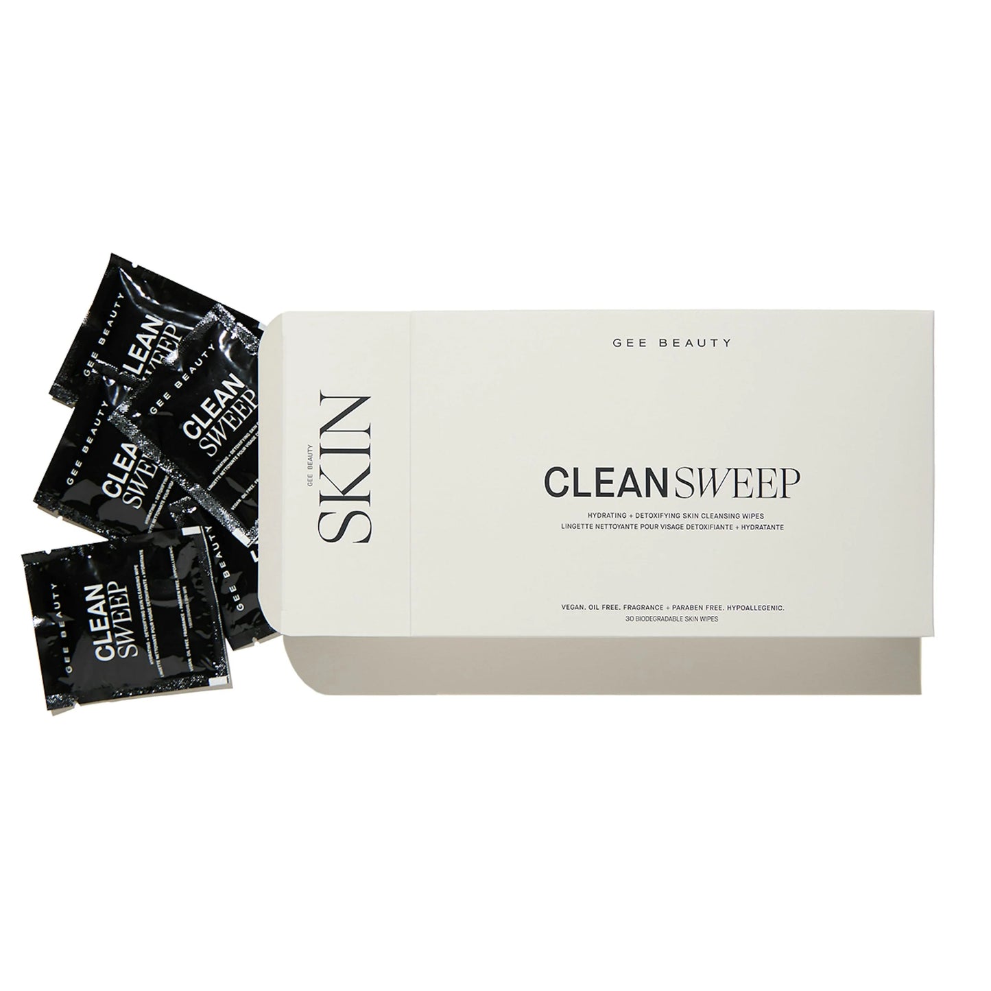 Box of 'Clean Sweep' skin care products with packets